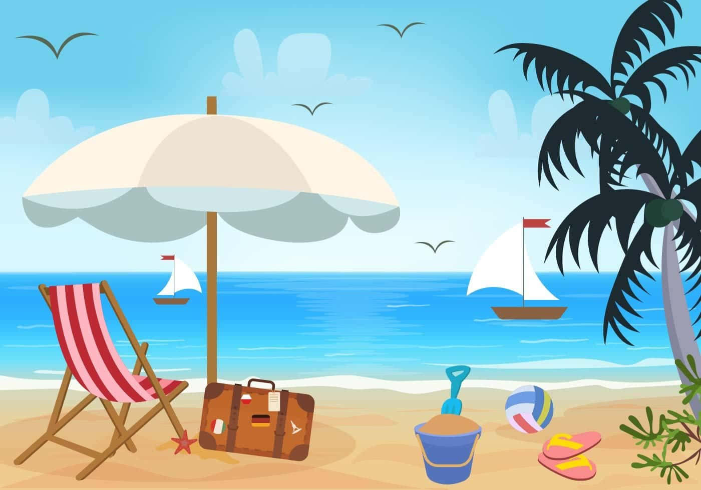 A Beach Scene With Umbrella, Chairs, And Luggage