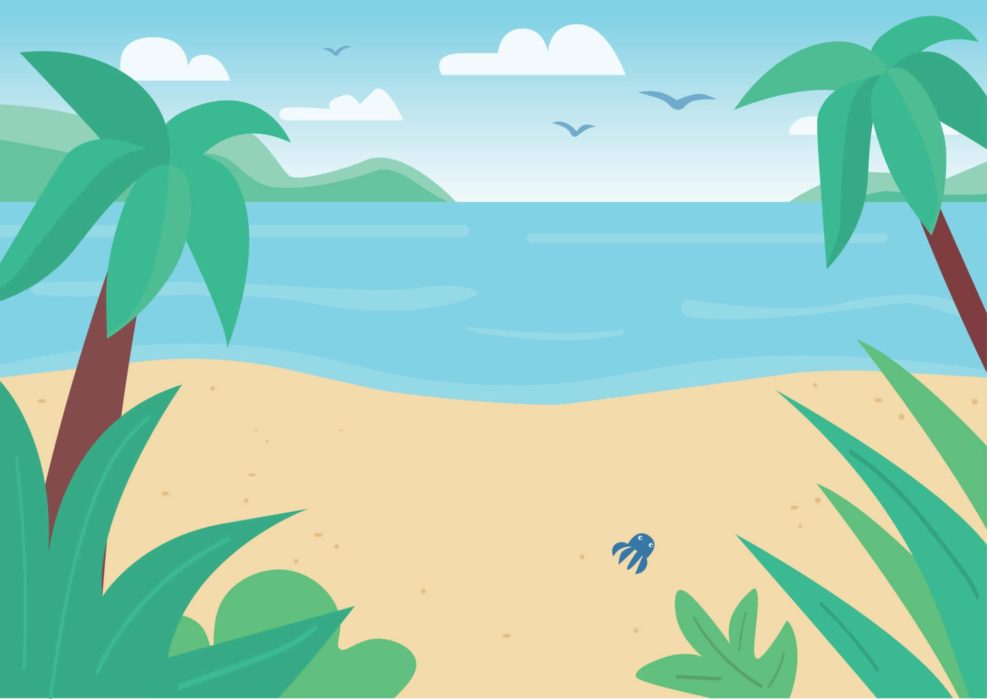 A Cartoon Illustration Of A Beach Scene With Palm Trees And Sea