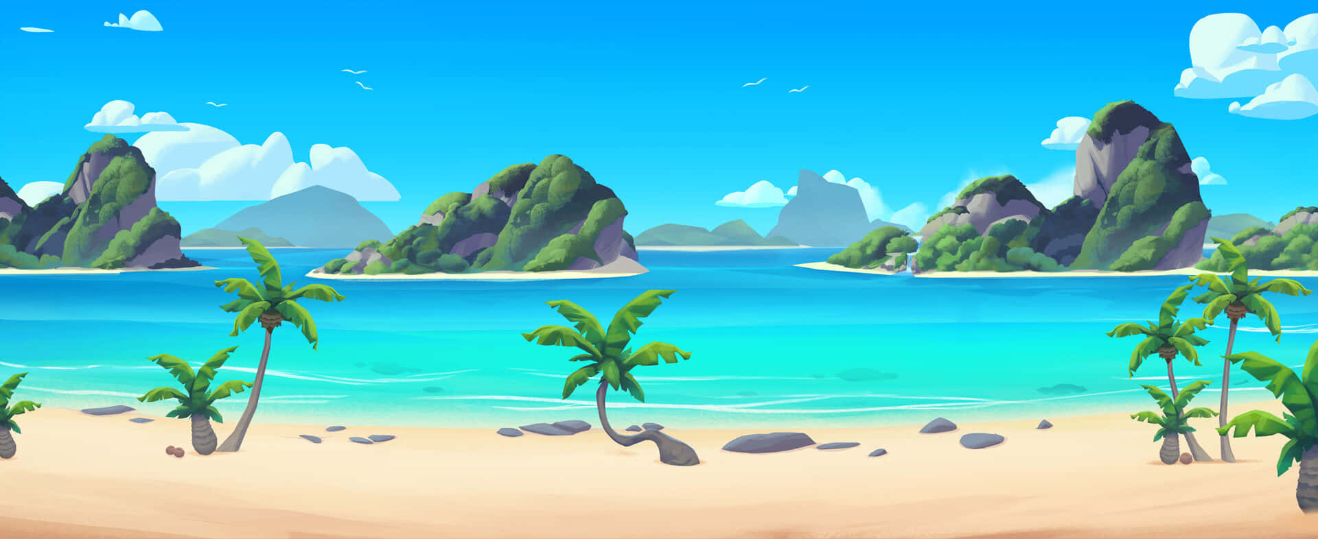 A Cartoon Beach Scene With Palm Trees And A Blue Ocean