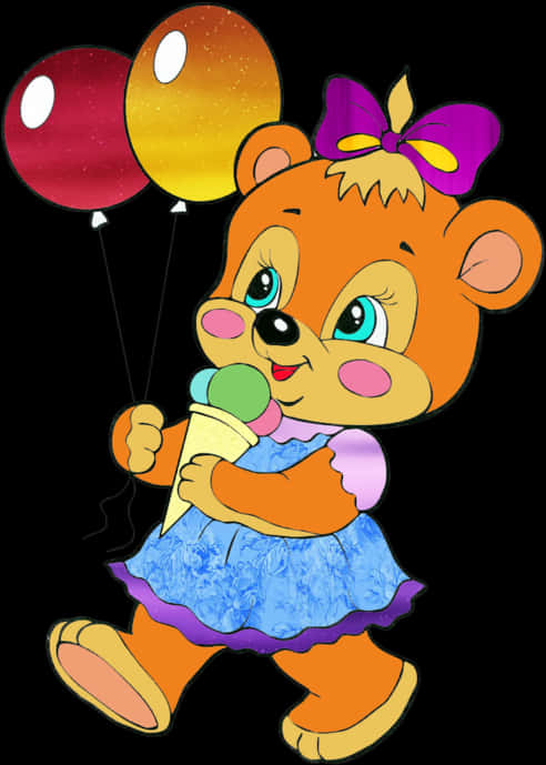 Cartoon Bear With Balloonsand Ice Cream PNG