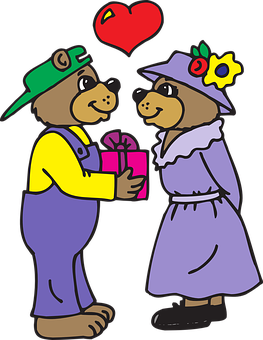 Cartoon Bears Sharing Gift Love Heart PNG