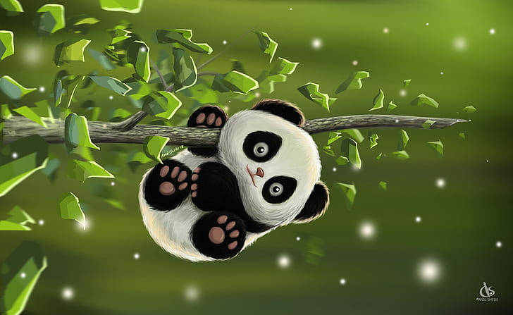 Cartoon Beautiful Panda On Branch Wallpaper