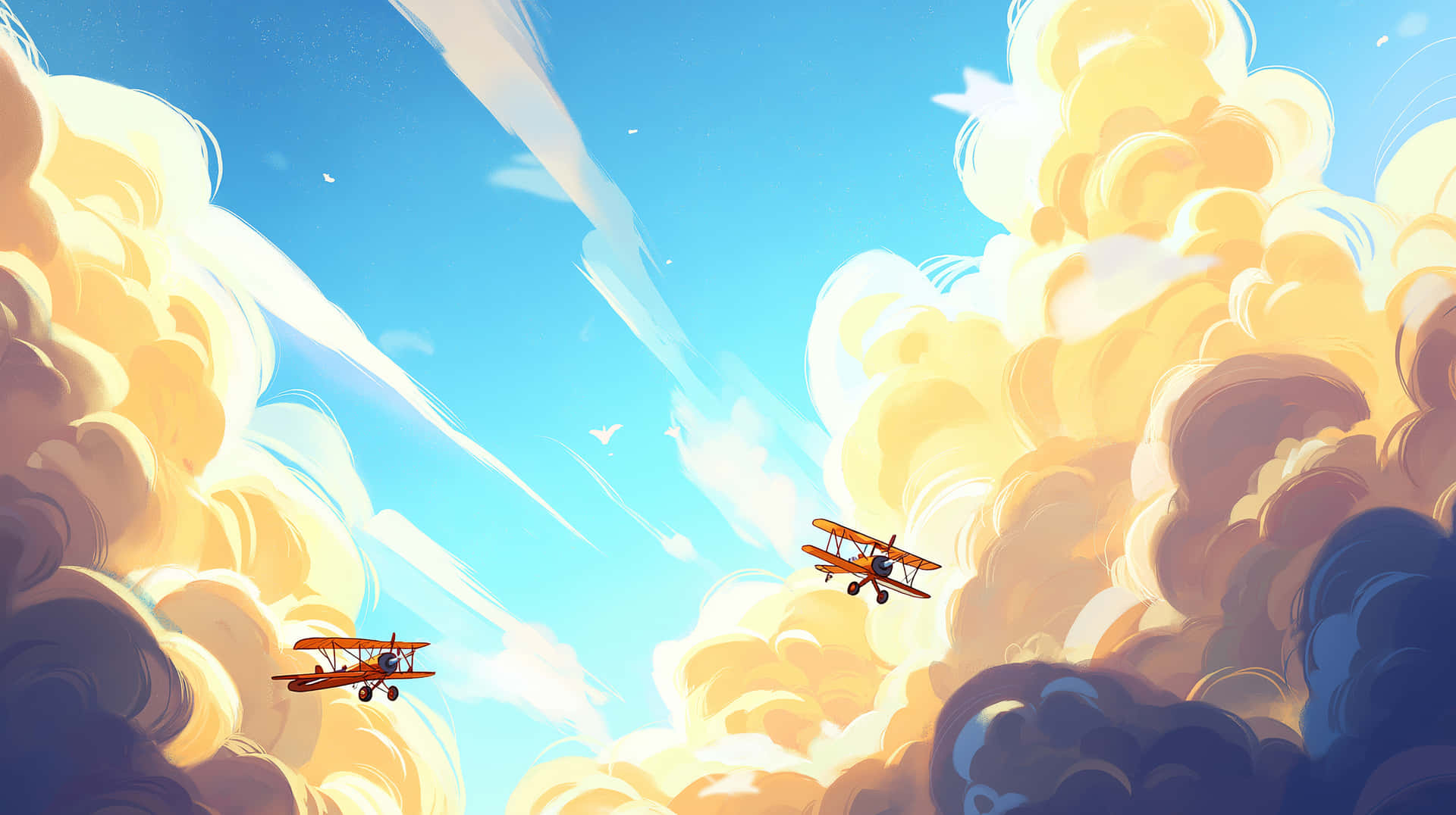 Cartoon Bi-planes Flying Through Fluffy Evening Clouds Wallpaper