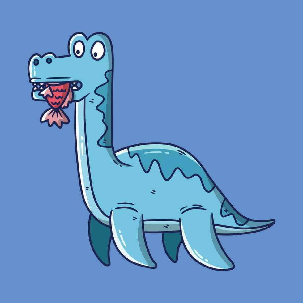 Cartoon Blue Dinosaur Eating Fish Wallpaper
