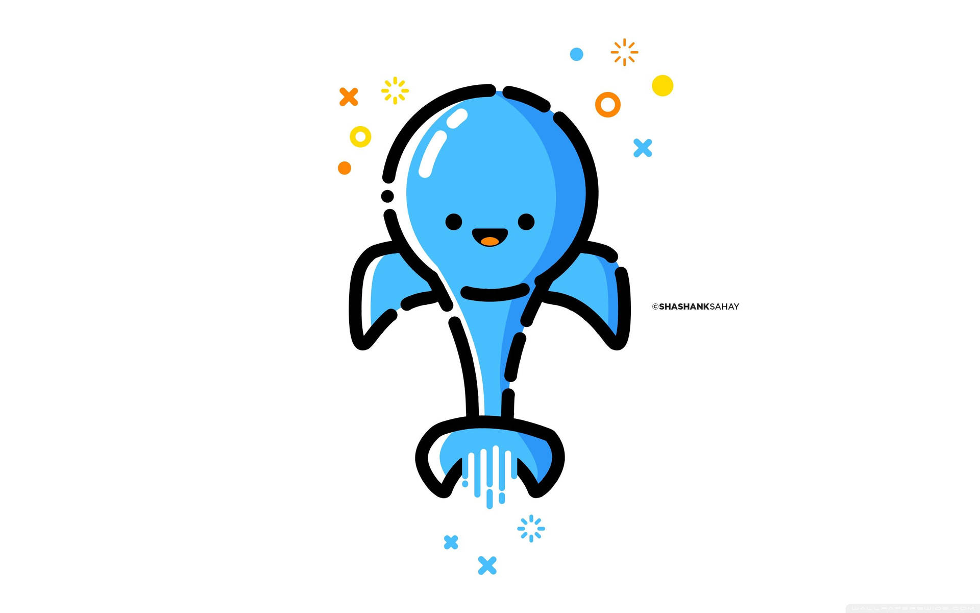 Cartoon blue dolphin jumping and smiling wallpaper.