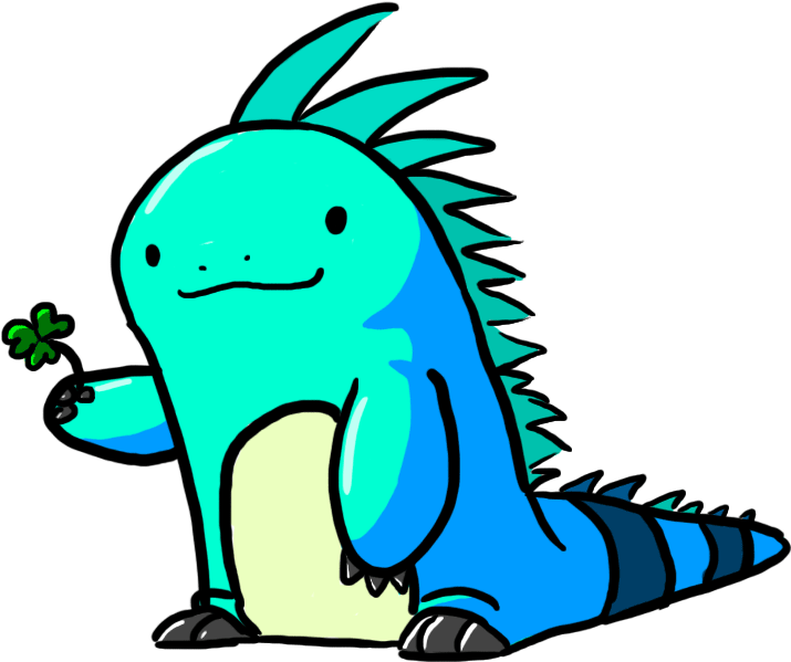 Cartoon Blue Iguana Holding Clover PNG