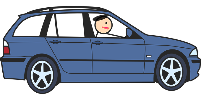 Cartoon Blue Station Wagon With Driver PNG