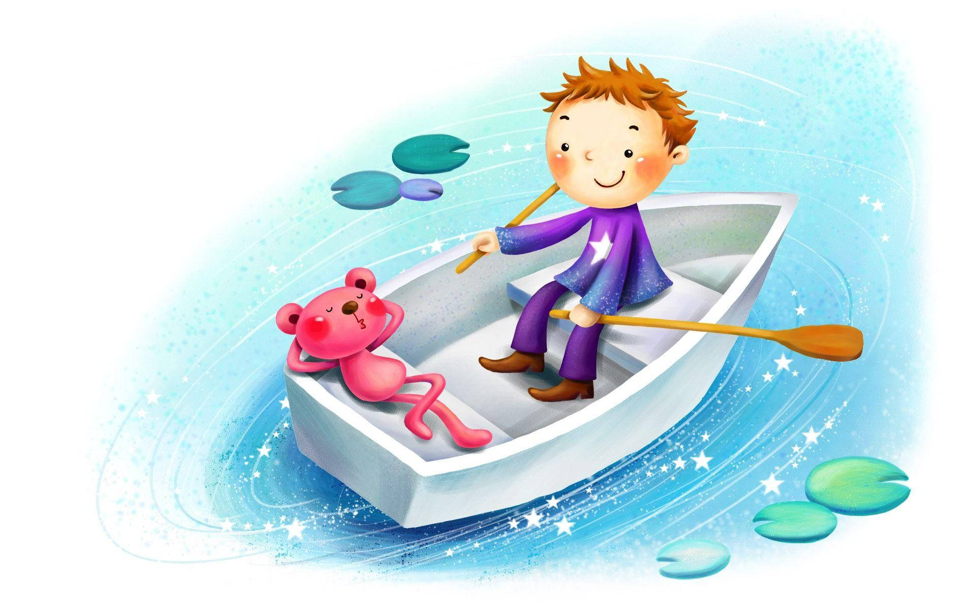 Cartoon Boy On Boat Wallpaper