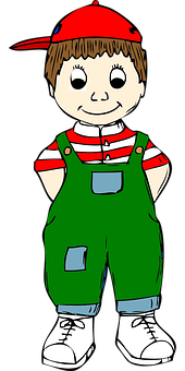 Cartoon Boyin Red Capand Green Overalls PNG