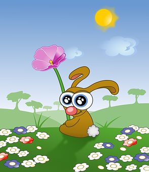 Cartoon Bunny With Flowerin Meadow.jpg PNG
