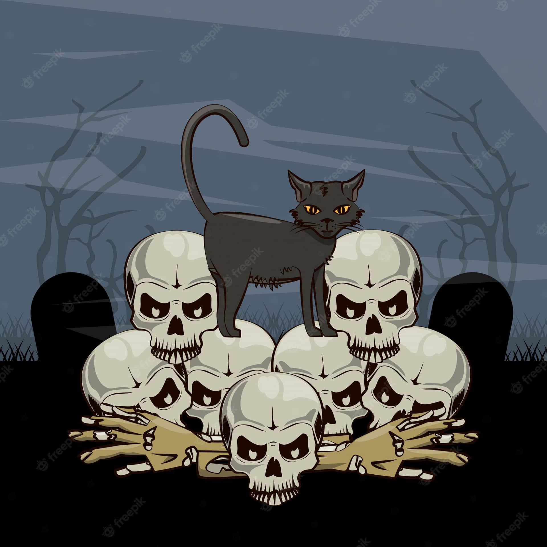 Cartoon Scary Cat On Skulls Wallpaper