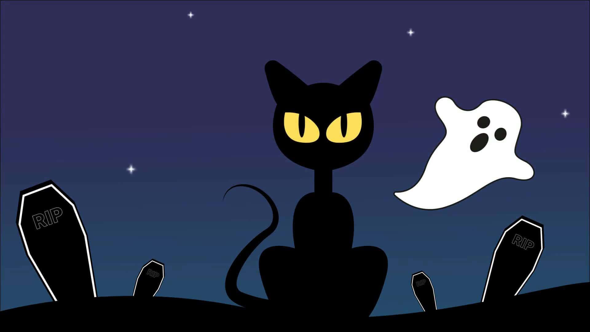 A Black Cat And Ghost In The Cemetery Wallpaper