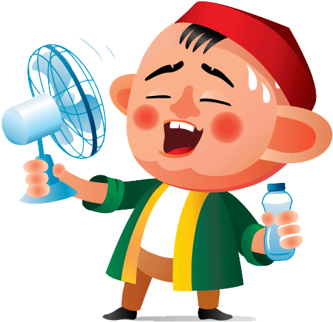 Cartoon Child Beating Heatwith Fanand Water PNG