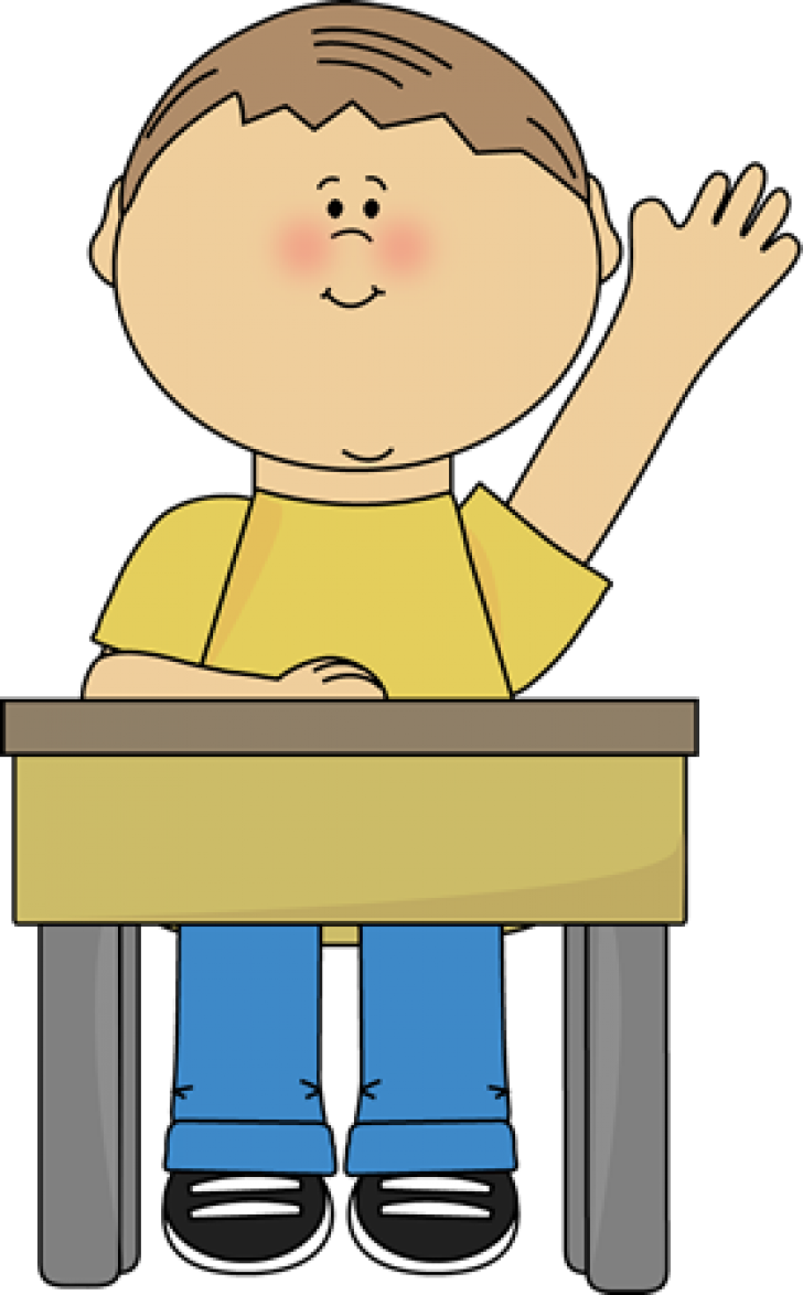 Cartoon Child Raising Handat Desk PNG