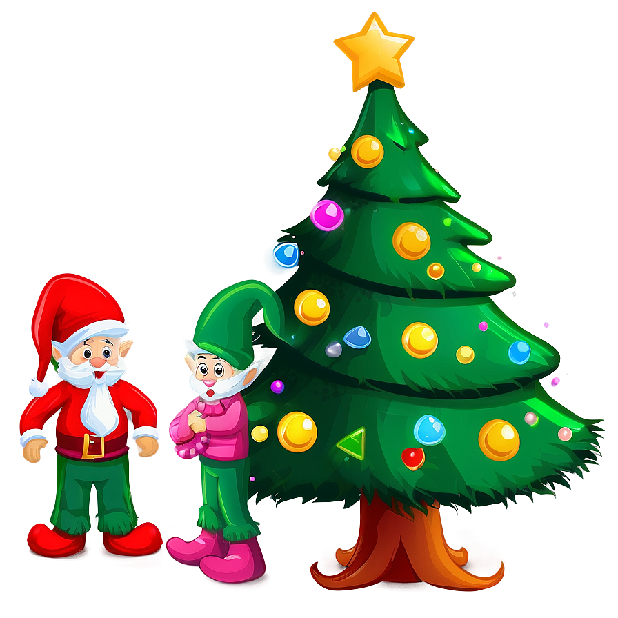 Cartoon Christmas Tree With Elves Png Bjl PNG