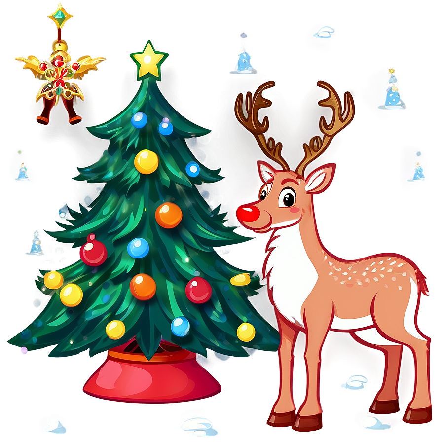 Cartoon Christmas Tree With Reindeer Png 37 PNG