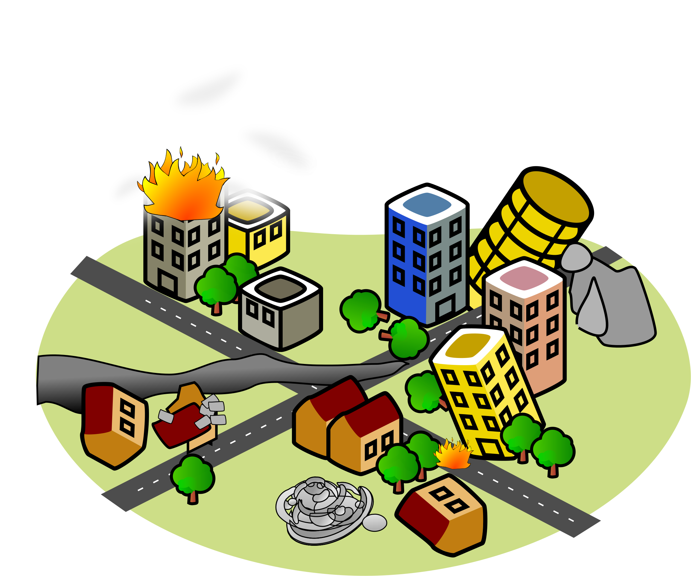 Cartoon City Disaster Scene PNG