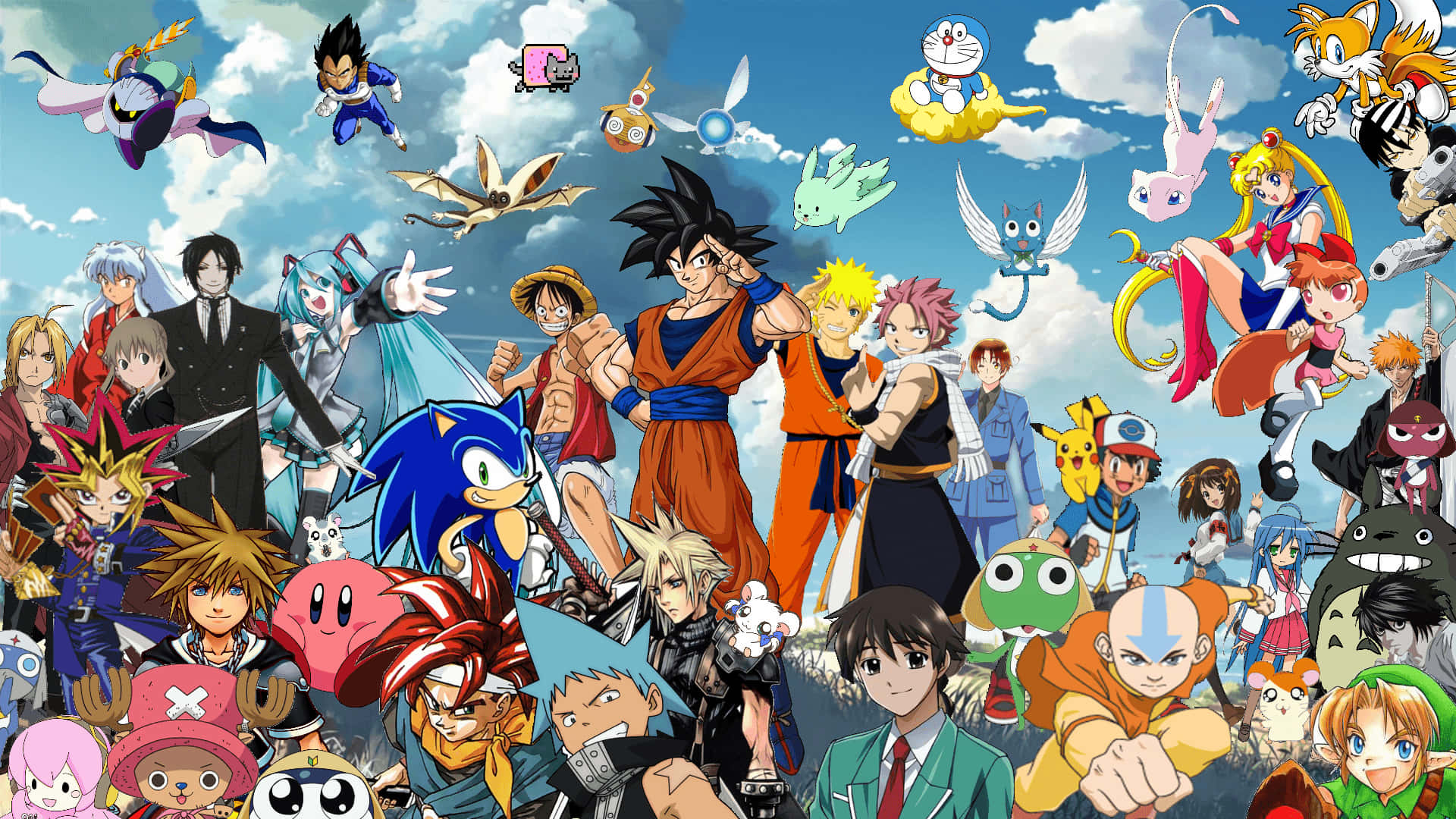 A Group Of Anime Characters Posing In Front Of A Cloud Wallpaper