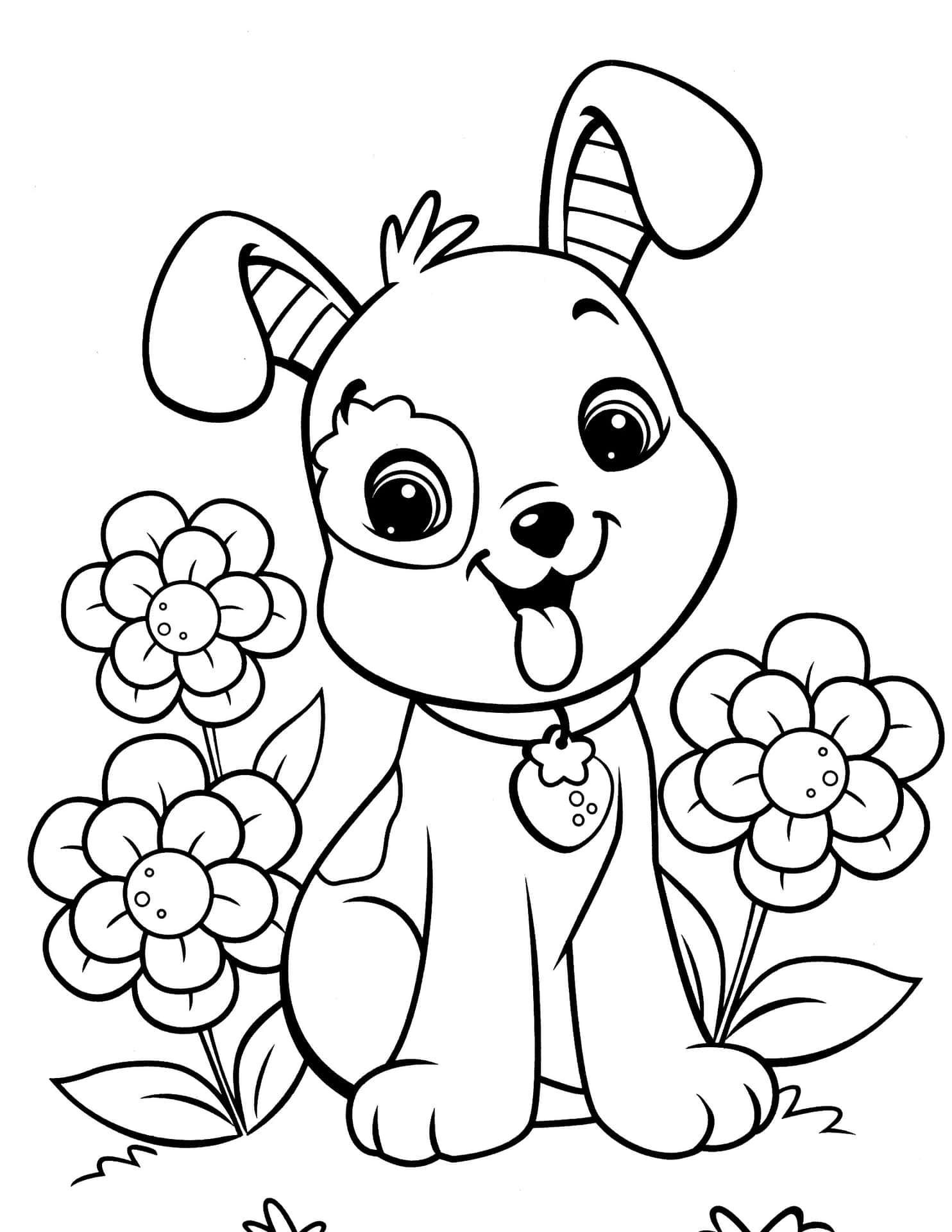 A Dog Coloring Page With Flowers