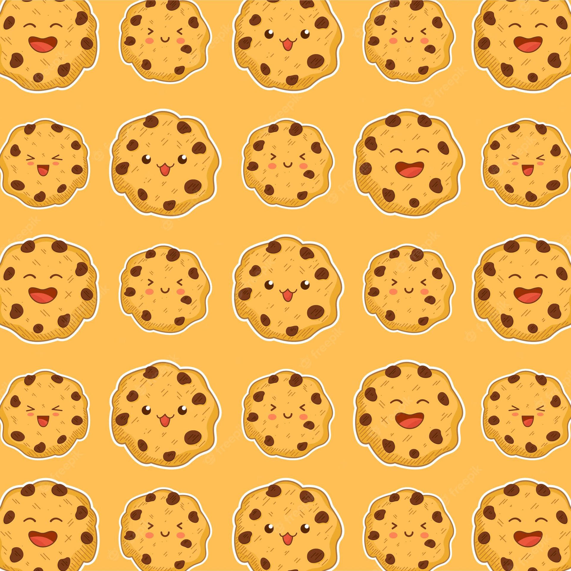 Et mønster af cookies med glade ansigter på en orange baggrund. Wallpaper