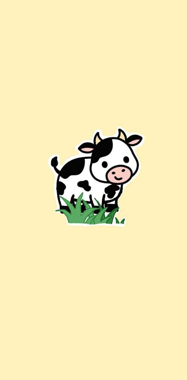 En ko står i græsset på en gul baggrund.