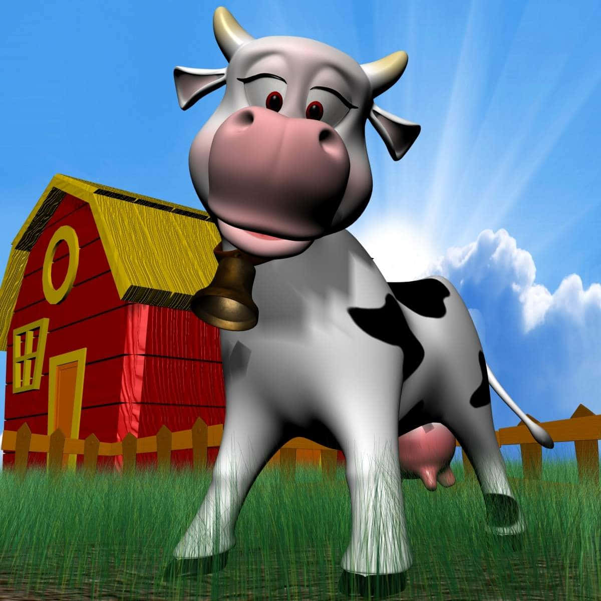A friendly cartoon cow grazing in the direction of the viewer