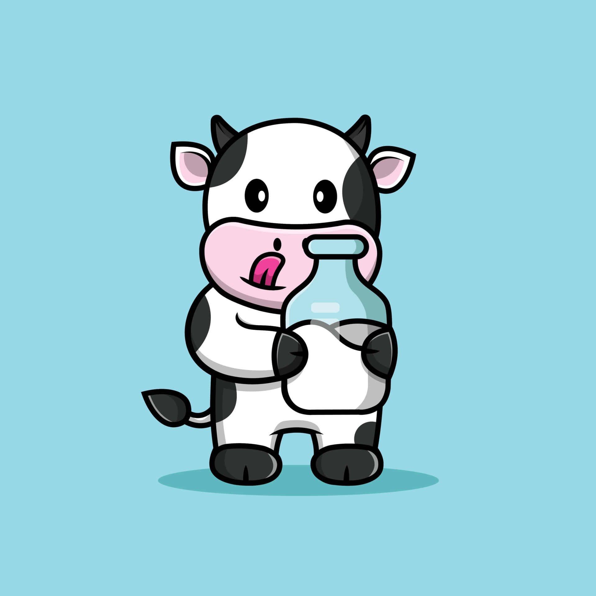 En tegnet ko, der holder en flaske mælk