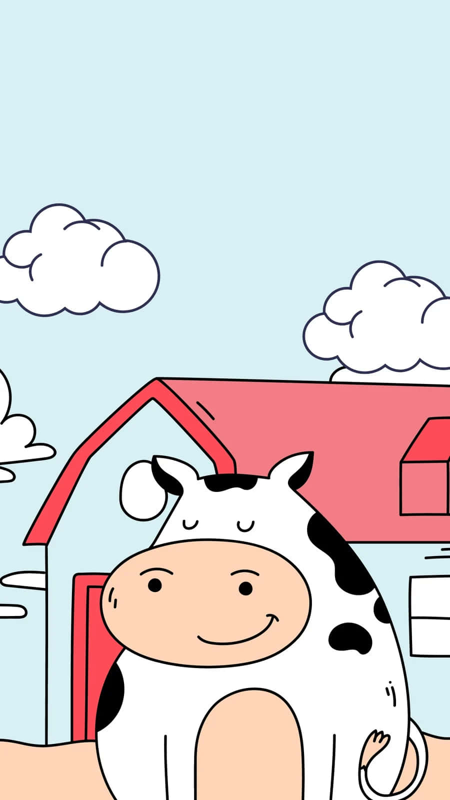 En tegnede ko, der står foran et hus.