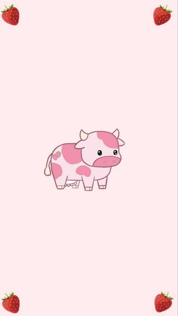 A Pink Cow With Strawberries Around It