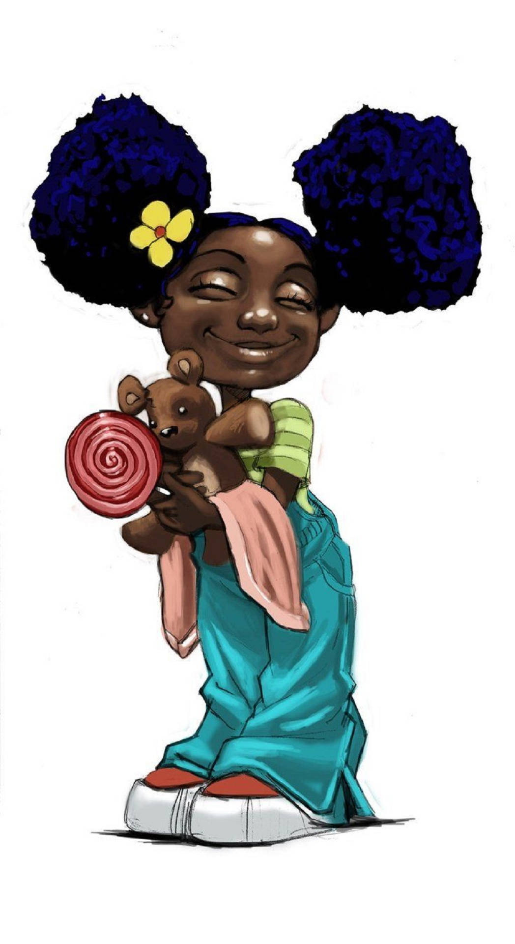 Cartoon Cute Black Girl With Teddy Picture