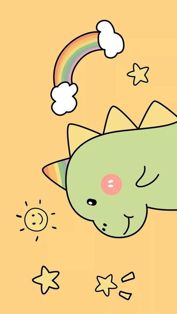 En tegneserie dinosaur med en regnbue og stjerner Wallpaper