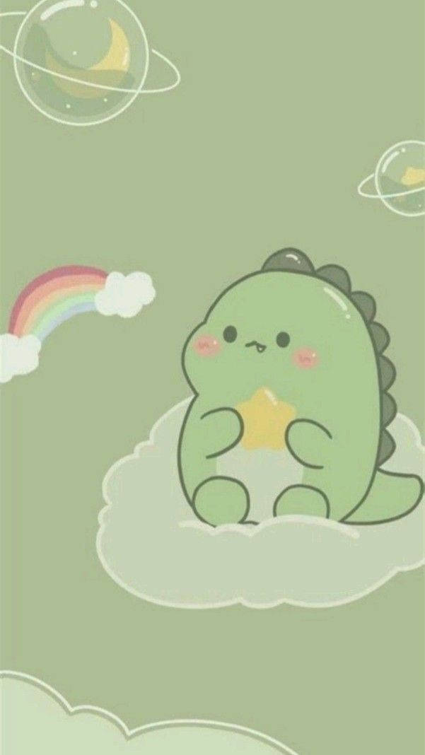 En grøn dinosaur siddende på en sky med et regnbue i baggrunden. Wallpaper