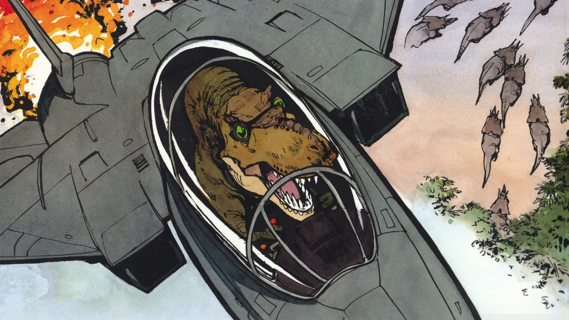 A Comic Book Cover Showing A Jet With A Dinosaur In It Wallpaper