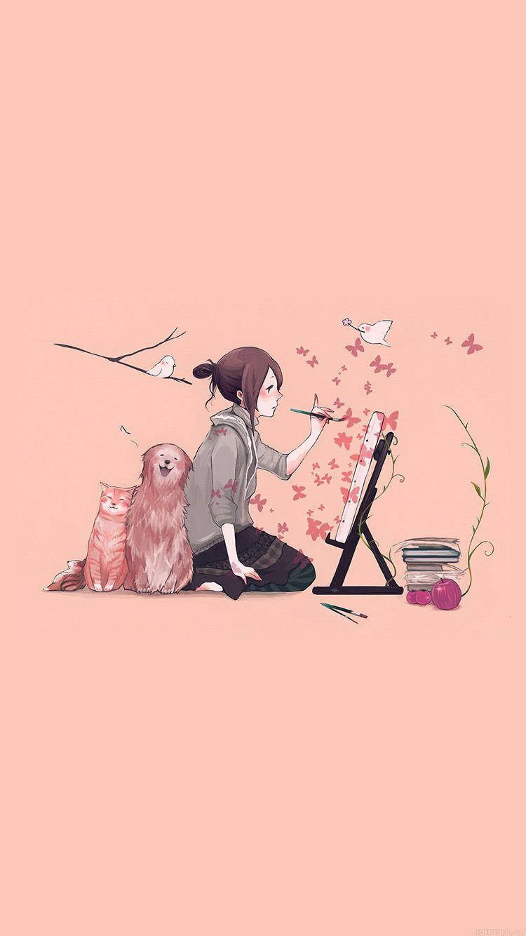 Cartoon Dog With Girl Painter Background