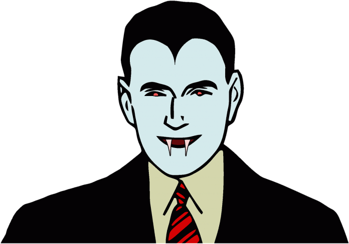 Cartoon Dracula Smiling Fangs Red Eyes PNG