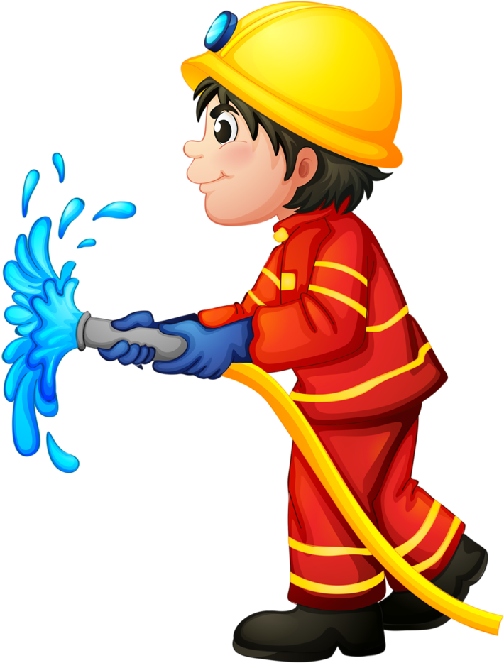 Cartoon Firefighter Spraying Water PNG