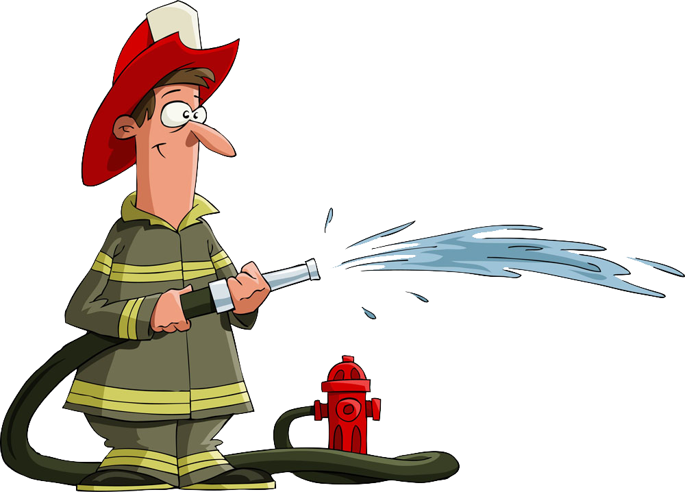 Cartoon Firefighter With Hoseand Hydrant PNG