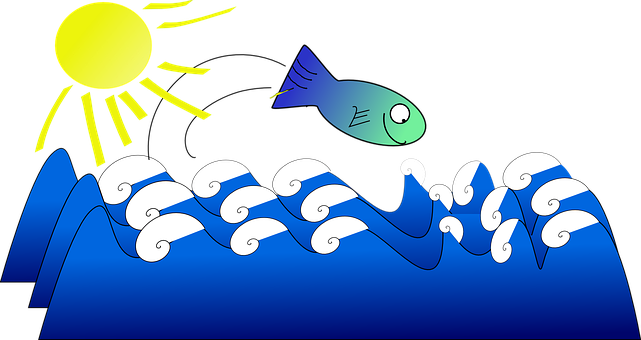 Cartoon Fish Jumping Over Waves PNG