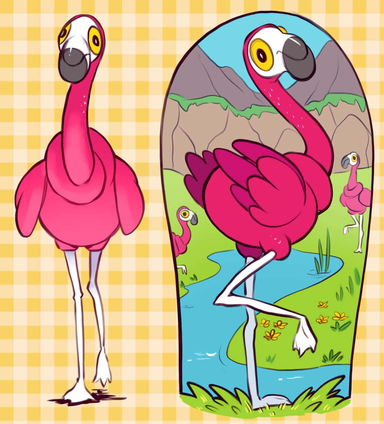 Cartoon Flamingo Reflection Illustration Wallpaper