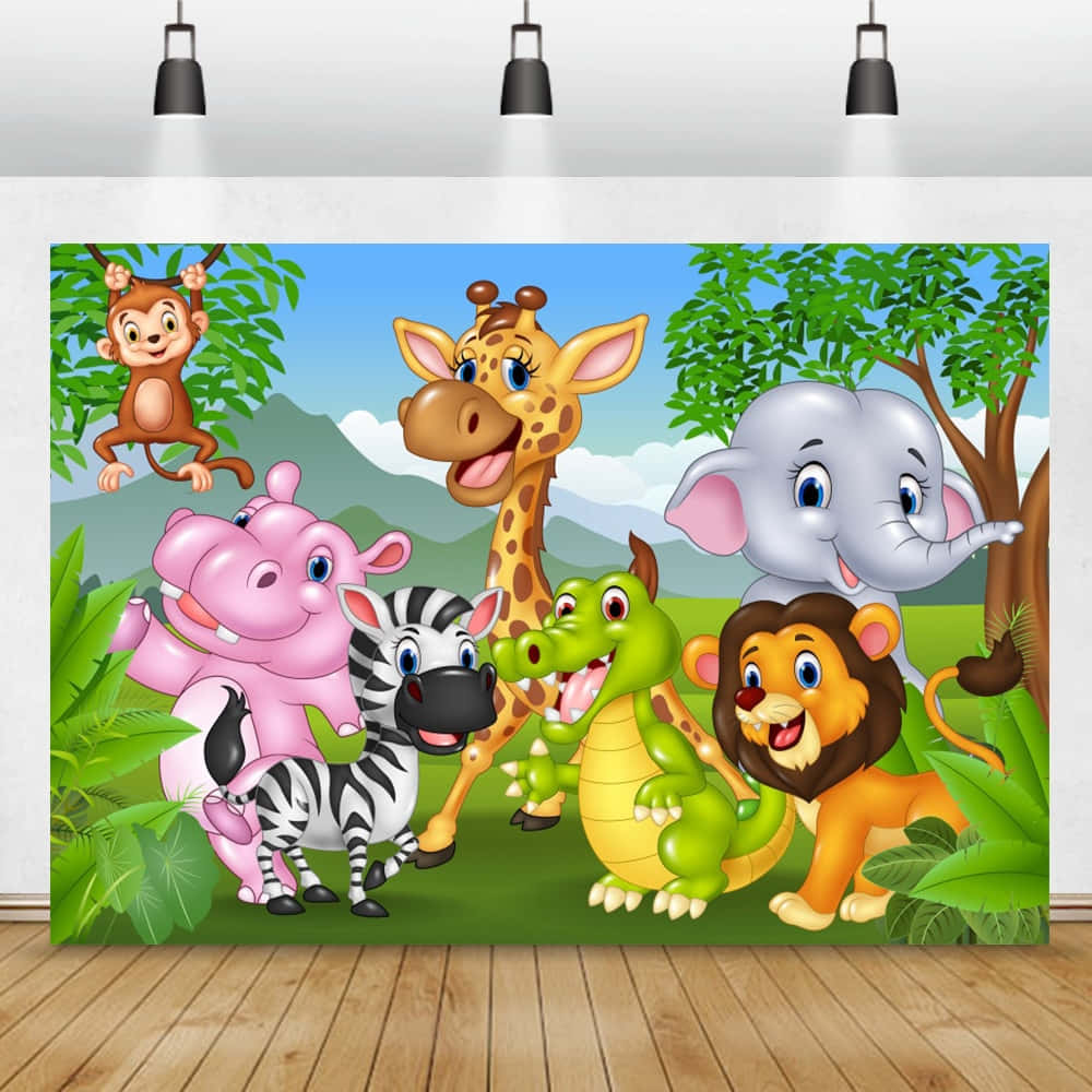 A Jungle Themed Backdrop With Giraffes, Zebras And Lions