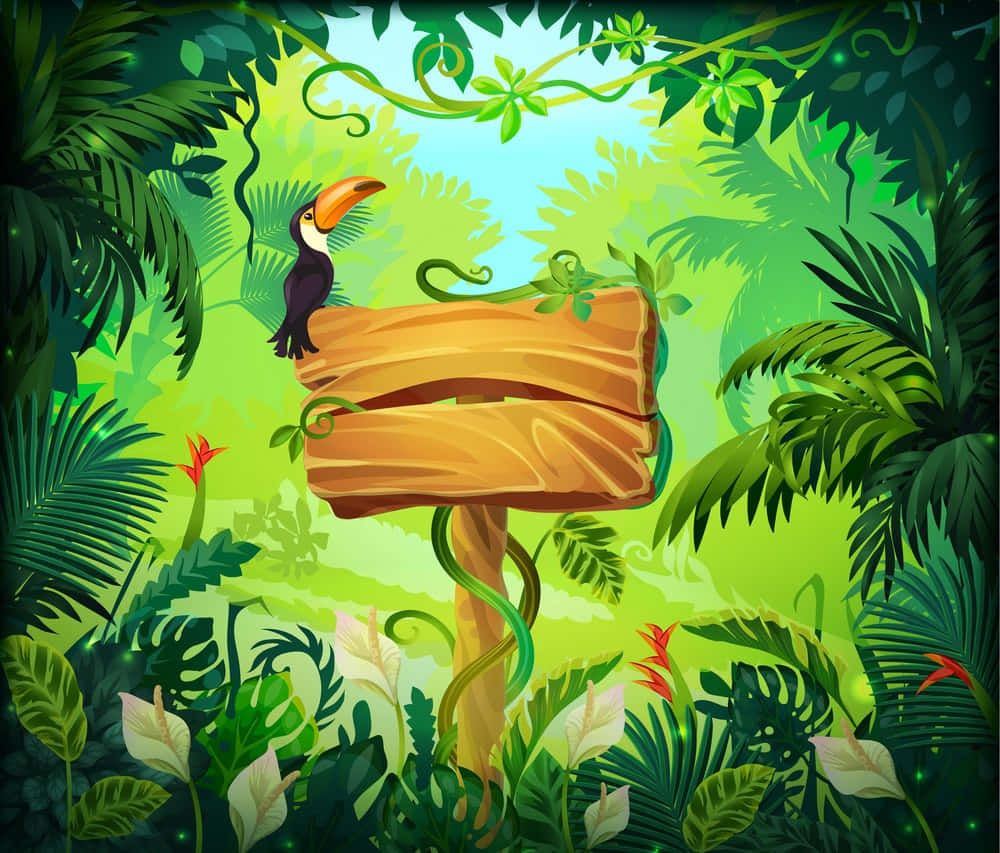 A Wooden Sign In The Jungle With A Toucan Bird