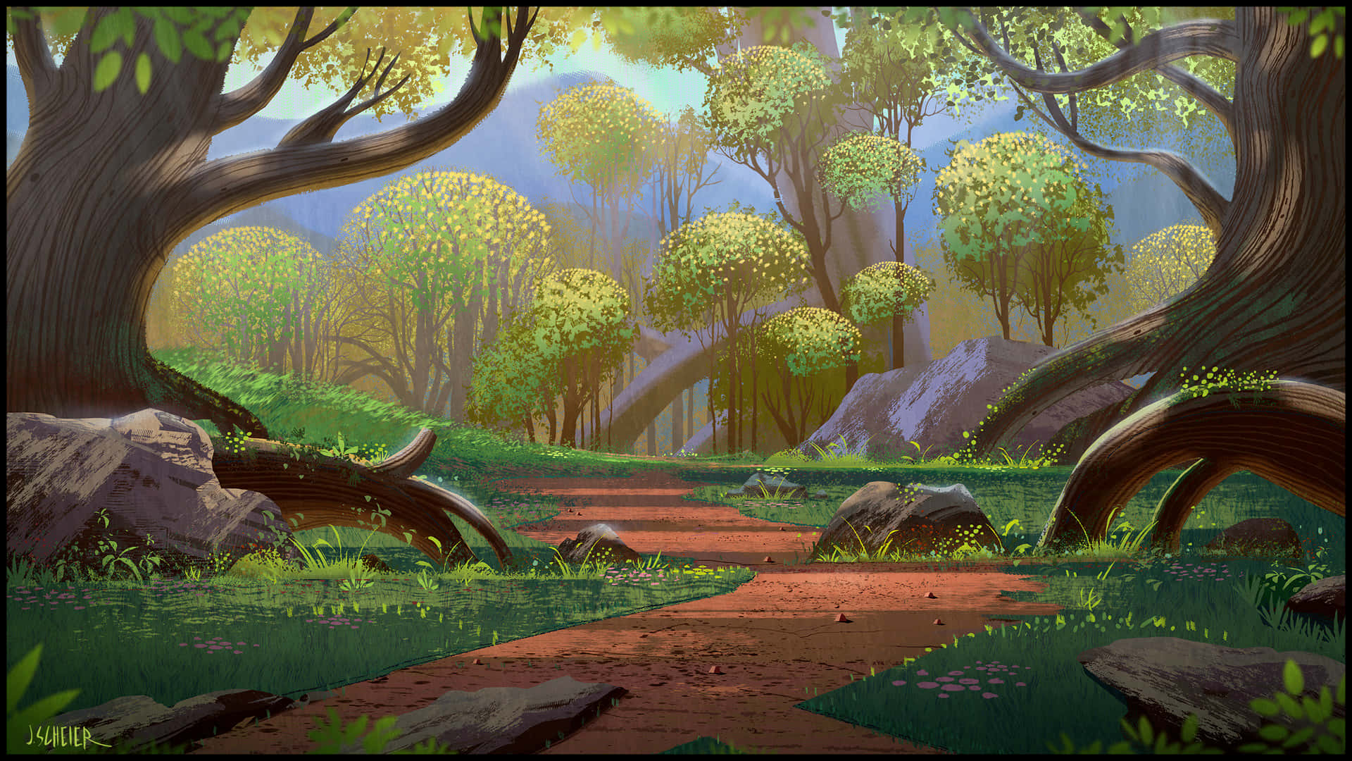 A Painting Of A Forest Path With Trees And Rocks