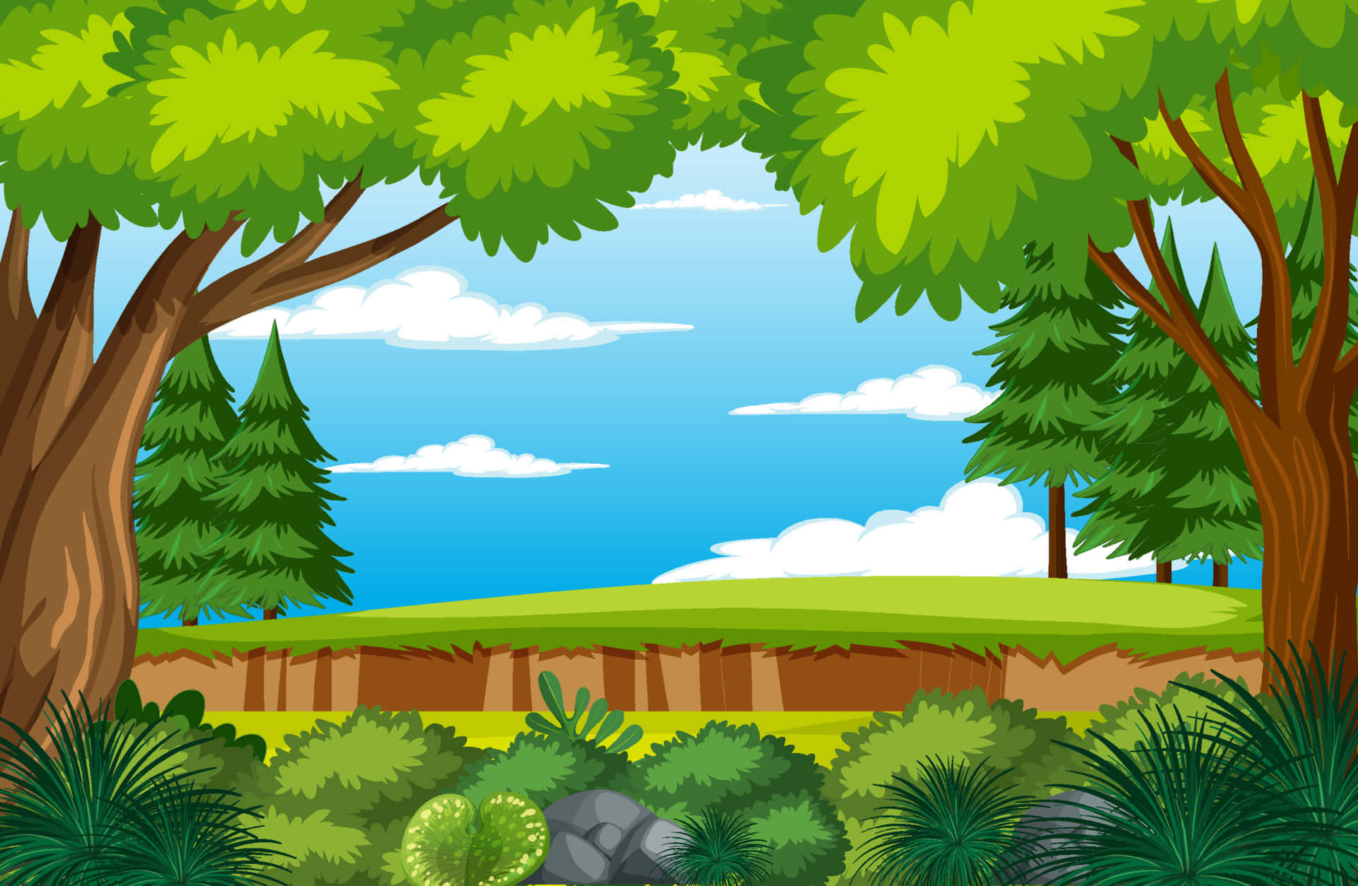 A Cartoon Landscape With Trees And Grass