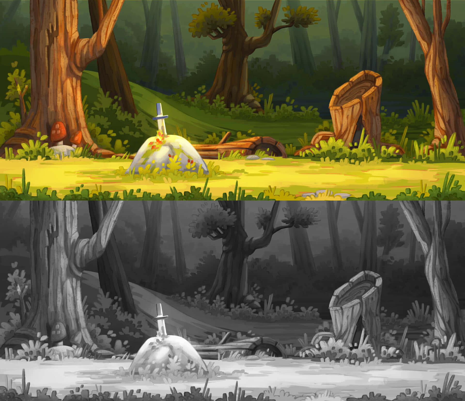 Cartoon Forest Scene With A Sword And A Tree