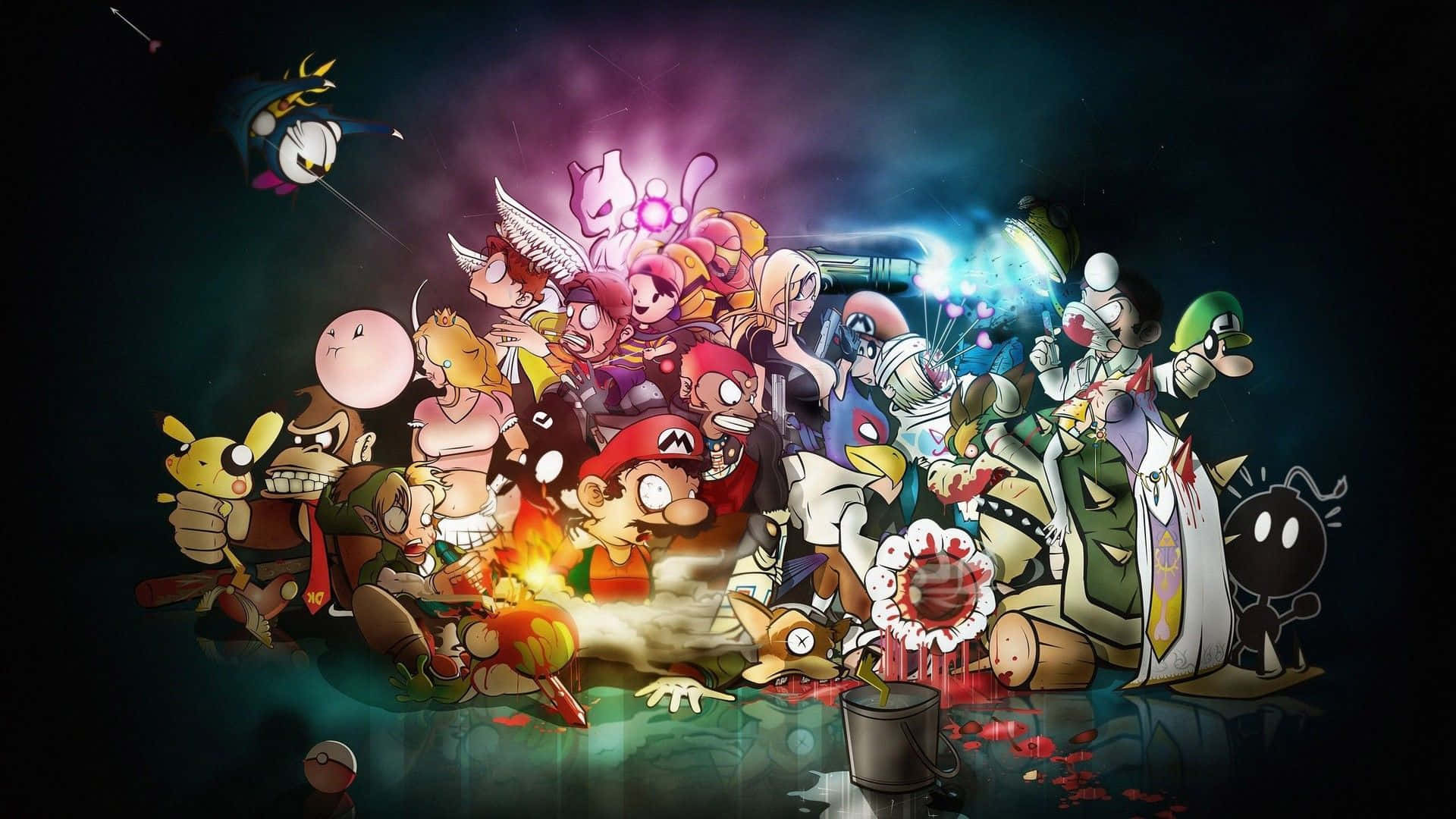 Caption: Colorful Cartoon Game Characters Assembling for Battle Wallpaper