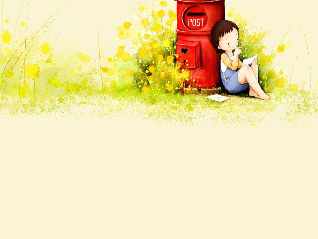 Cartoon girl leans against mail box post wallpaper.