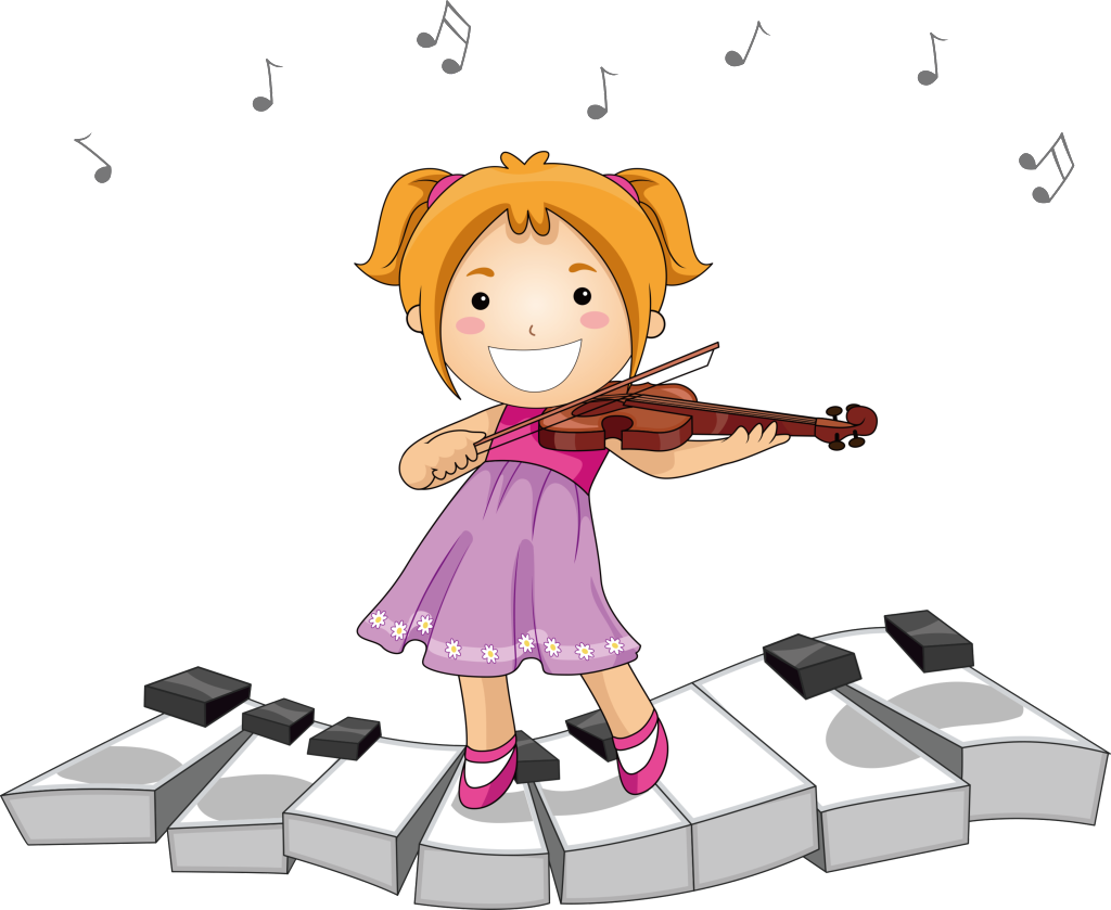 Cartoon Girl Playing Violinon Piano Keys PNG