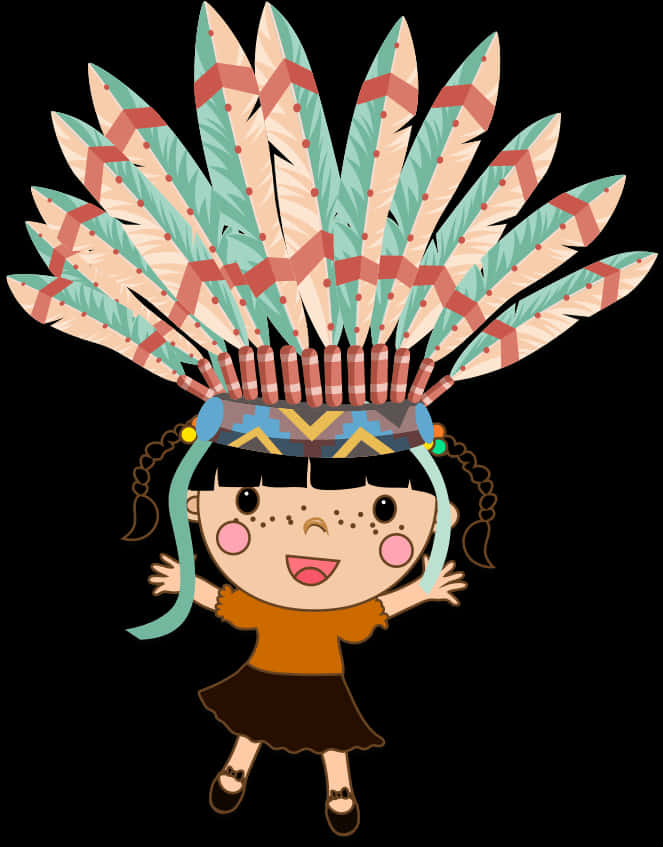 Cartoon Girl Wearing Native American Headdress PNG