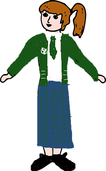 Cartoon Girlin Green Jacketand Plaid Skirt PNG