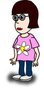 Cartoon Girlwith Glassesand Flower Shirt PNG